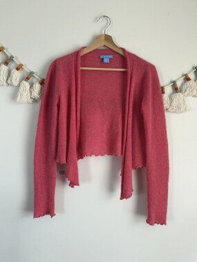 White + Warren 100% Cashmere Fuchsia Pink Ruffle Crop Cardigan Coquette Cottage